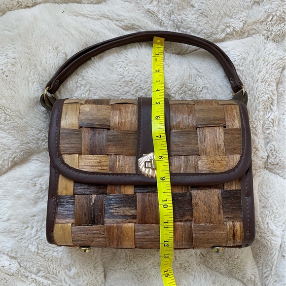 Woven Wood & Leather Brown Vintage Purse with Burlap Linen Lining EUC - Picture 5 of 10